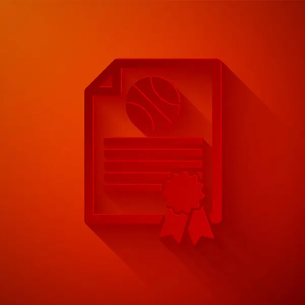 Paper cut Certificate template basketball award icon isolated on red background. Achievement, award, degree, grant, diploma concepts. Paper art style. Vector Illustration — Stock Vector