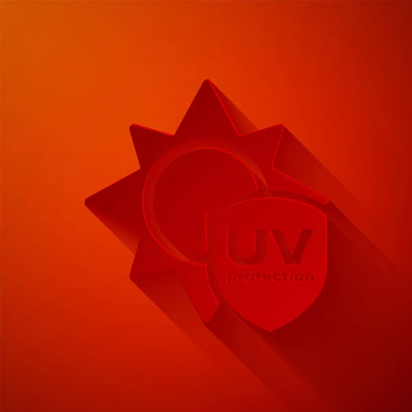 Icona di protezione UV tagliata su sfondo rosso. Sole e scudo. Radiazioni ultraviolette. Segno solare SPF. Stile cartaceo. Illustrazione vettoriale — Vettoriale Stock