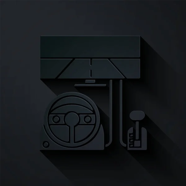 Corte de papel Icono de cabina del simulador Racing aislado sobre fondo negro. Accesorio de juego. Gadget para conducir juego de simulación. Estilo de arte de papel. Ilustración vectorial — Vector de stock