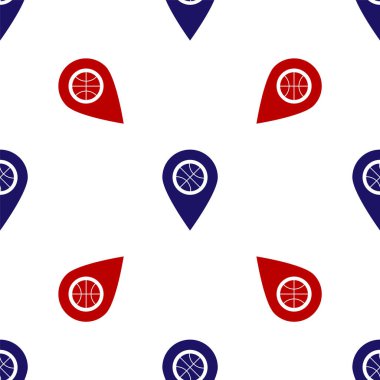 Blue and red Location with basketball ball inside icon isolated seamless pattern on white background. Vector Illustration