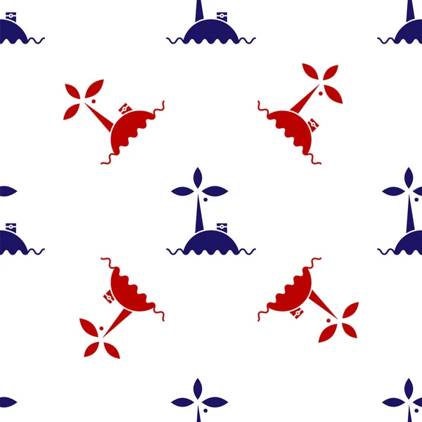 Modrá a červená Tropický ostrov v oceánu ikona izolované bezešvé vzor na bílém pozadí. Krajina s oceánem a palmami. Cestování. Vektorová ilustrace — Stockový vektor