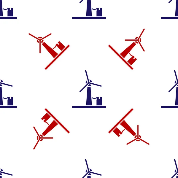 Ícone azul e vermelho da turbina eólica padrão sem costura isolado no fundo branco. Sinal do gerador de vento. Moinho de vento para produção de energia elétrica. Ilustração vetorial — Vetor de Stock