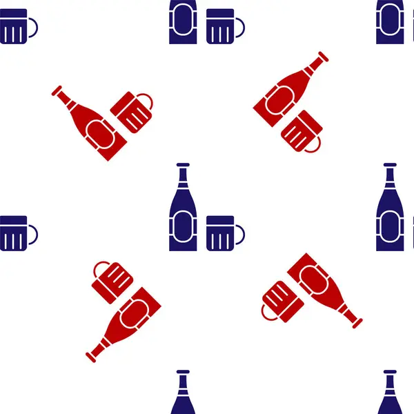 Bouteille de bière bleue et rouge et icône en verre isolé motif sans couture sur fond blanc. Boisson d'alcool symbole. Illustration vectorielle — Image vectorielle