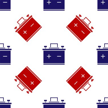 Mavi ve kırmızı araba akü ikonu beyaz arka planda izole edilmiş. Akümülatör bataryası enerji ve elektrik akümülatörü bataryası. Vektör İllüstrasyonu