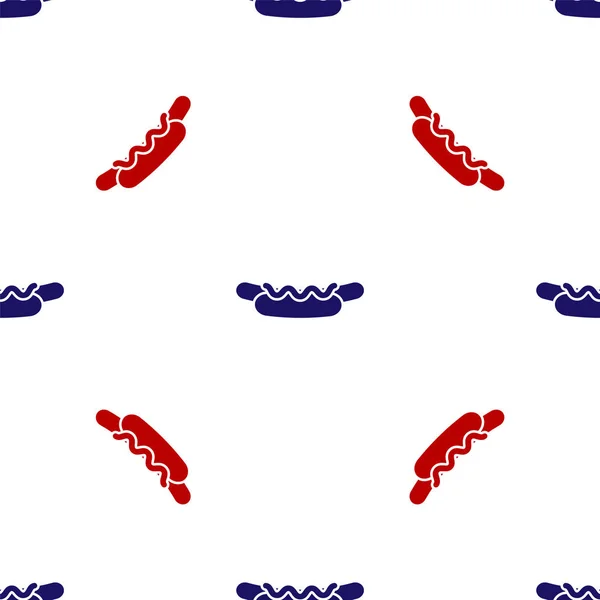 Sandwich Hotdog bleu et rouge avec icône moutarde motif isolé sans couture sur fond blanc. Icône de saucisse. Menu de restauration rapide de rue. Illustration vectorielle — Image vectorielle