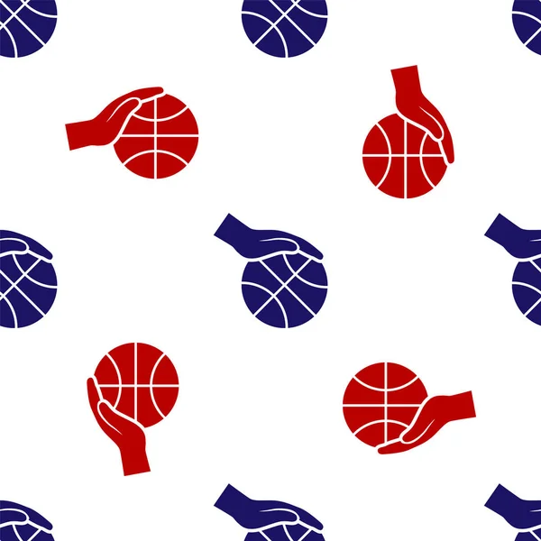 Blue and red Hand with basketball ball icon isolated seamless pattern on white background. Sport symbol. Vector Illustration — Stok Vektör