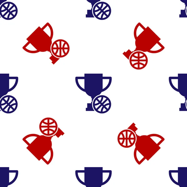 Niebieski i czerwony Puchar Nagroda z ikoną piłki koszykówki odizolowany bezszwowy wzór na białym tle. Symbol zwycięzcy. Mistrzostwa lub trofeum. Ilustracja wektora — Wektor stockowy