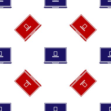 Mavi ve kırmızı dizüstü bilgisayar simgesi beyaz arkaplandaki kusursuz deseni izole etti. Boş ekran işaretli bilgisayar defteri. Vektör İllüstrasyonu