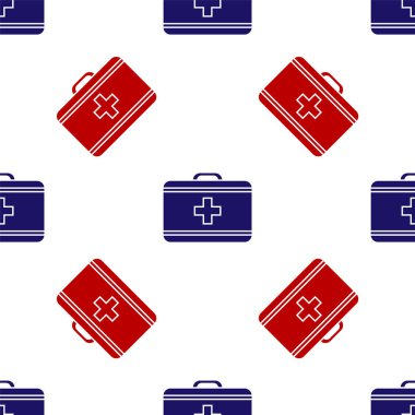 Mavi ve kırmızı ilk yardım çantası ikonu beyaz arkaplanda pürüzsüz desen izole etti. Haçlı sağlık kutusu. Acil durumlar için tıbbi ekipman. Sağlık sigortası konsepti. Vektör İllüstrasyonu