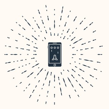 Gri Akıllı Telefon ve oyun simgesiyle oynamak bej arka planda izole edilmiş. Mobil oyun konsepti. Soyut çember rastgele noktalar. Vektör İllüstrasyonu