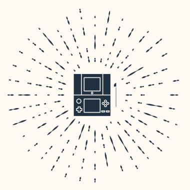 Gri taşınabilir oyun konsolu simgesi bej arka planda izole edildi. Av alanı tabelası. Oyun konsepti. Soyut çember rastgele noktalar. Vektör İllüstrasyonu