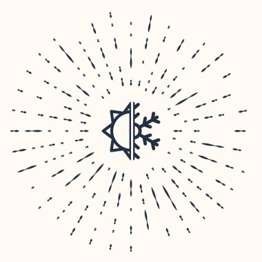 Gri sıcak ve soğuk sembol. Bej arkaplanda güneş ve kar tanesi simgesi izole edildi. Kış ve yaz sembolü. Soyut çember rastgele noktalar. Vektör İllüstrasyonu