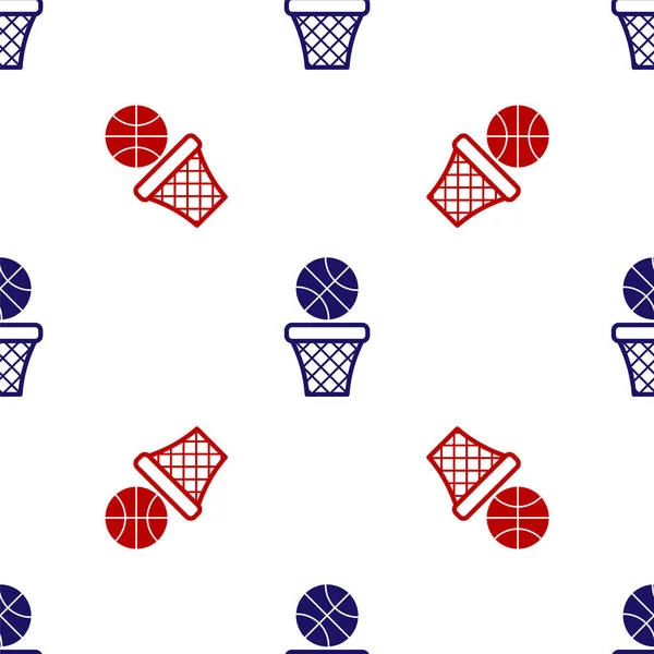 Blauw en rood Basketbal bal en mand pictogram geïsoleerd naadloos patroon op witte achtergrond. Bal in de basketbalring. Vector Illustratie — Stockvector