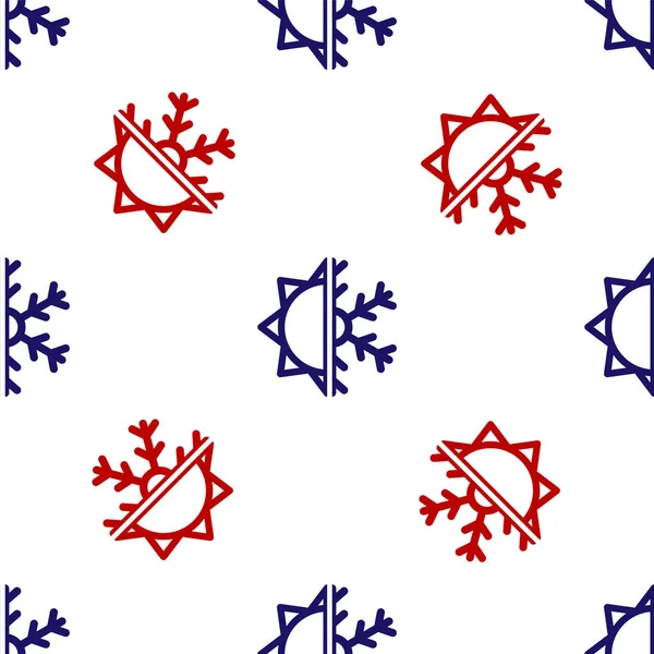 Bleu et rouge Symbole chaud et froid. Icône soleil et flocon de neige isolé motif sans couture sur fond blanc. Symbole d'hiver et d'été. Illustration vectorielle — Image vectorielle