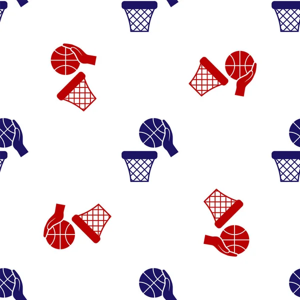 Mano azul y roja con pelota de baloncesto y canasta icono aislado patrón sin costura sobre fondo blanco. Pelota en el aro de baloncesto. Ilustración vectorial — Archivo Imágenes Vectoriales
