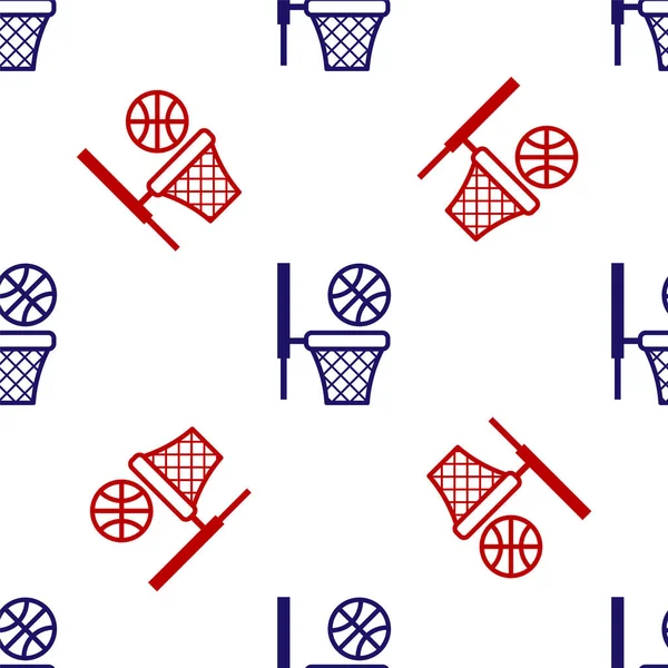 Blauer und roter Basketballball und Basketballsymbol isoliert nahtlose Muster auf weißem Hintergrund. Ball im Basketballkorb. Vektorillustration — Stockvektor