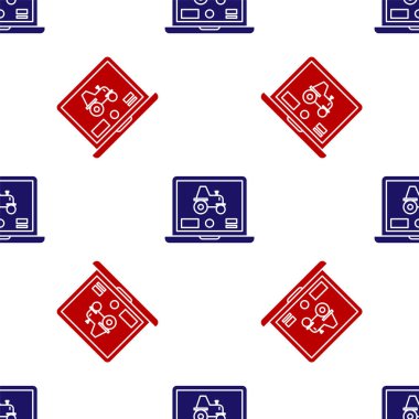 Blue and red Laptop application for control a autonomous tractor on a smart farm icon isolated seamless pattern on white background. Smart agriculture implement. Vector Illustration