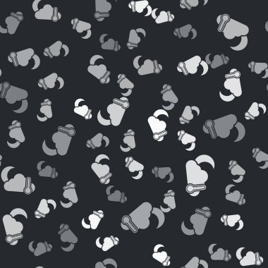 Grey Thermometer and cloud with moon icon isolated seamless pattern on black background. Vector Illustration