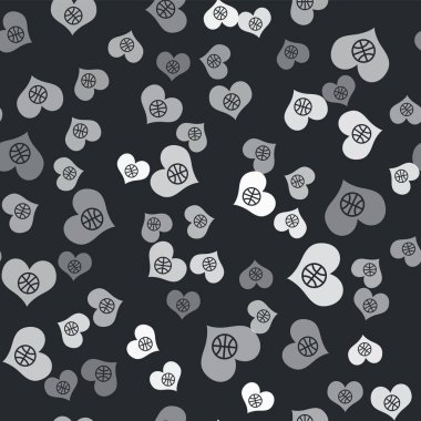 Grey Heart with basketball ball inside icon isolated seamless pattern on black background. Basketball love. Vector Illustration
