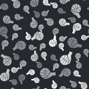 Grey Hand with basketball ball icon isolated seamless pattern on black background. Sport symbol. Vector Illustration