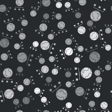Grey Computer network icon isolated seamless pattern on black background. Online gaming. Laptop network. Internet connection. Vector Illustration