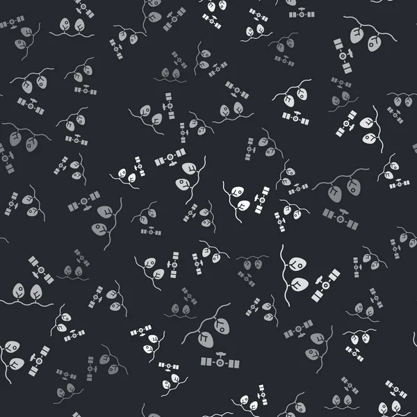Grey Smart farm with drone control and tree icon isolated seamless pattern on black background. Innovation technology for agricultural company. Vector Illustration