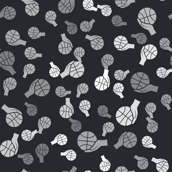 Graue Hand mit Basketballsymbol isoliert nahtloses Muster auf schwarzem Hintergrund. Sport-Symbol. Vektorillustration — Stockvektor