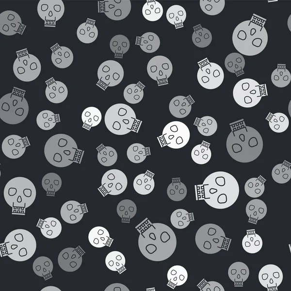 Grey Skull icon isolated seamless pattern on black background. Happy Halloween party. Vector Illustration
