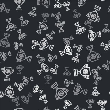 Grey Award cup with basketball ball icon isolated seamless pattern on black background. Winner trophy symbol. Championship or competition trophy. Vector Illustration
