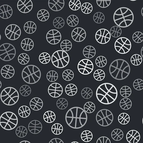 Gris Baloncesto icono de la bola aislado patrón sin costura sobre fondo negro. Símbolo deportivo. Ilustración vectorial — Vector de stock