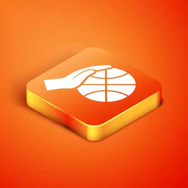 Mano isometrica con icona della palla da basket isolata su sfondo arancione. Simbolo sportivo. Illustrazione vettoriale — Vettoriale Stock