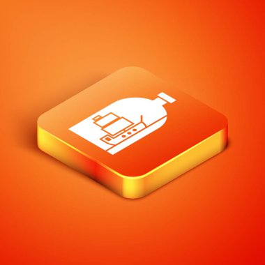 Isometric cam şişe içinde gemi simgesi turuncu arka planda izole. Deniz gemisinin minyatür modeli. Hobi ve deniz teması. Vektör İllüstrasyonu