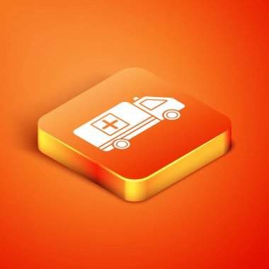 Isometric ambulans ve acil durum arabası ikonu turuncu arka planda izole edildi. Ambulans aracı tıbbi tahliye. Vektör İllüstrasyonu