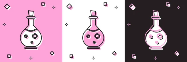 Set Glass bottle with magic elixir icon isolated on pink and white, black background. Computer game asset. Vector Illustration — ストックベクタ