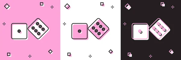 Set Juego de dados icono aislado en rosa y blanco, fondo negro. Juego de casino. Ilustración vectorial — Vector de stock