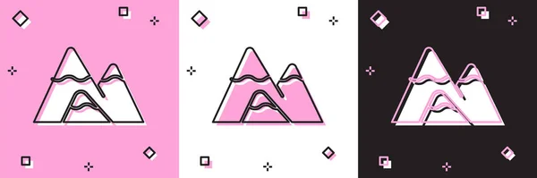 Set Montañas icono aislado en rosa y blanco, fondo negro. Símbolo de victoria o concepto de éxito. Ilustración vectorial — Vector de stock