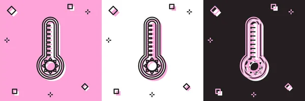 Ρυθμίστε Μετεωρολογικό θερμόμετρο μέτρησης θερμότητας και κρύο εικονίδιο απομονώνονται σε ροζ και άσπρο, μαύρο φόντο. Θερμομετρικό εξοπλισμό που δείχνει ζεστό ή κρύο καιρό. Εικονογράφηση διανύσματος — Διανυσματικό Αρχείο