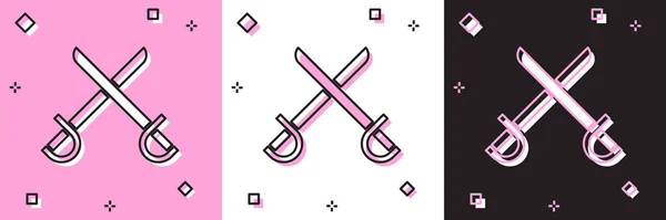 Definir cruzado pirata espadas ícone isolado em rosa e branco, fundo preto. Sinal de sabre. Ilustração vetorial — Vetor de Stock