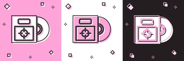 Définir le disque CD ou DVD dans une icône de boîte isolée sur fond rose et blanc noir. Signe de disque compact. Illustration vectorielle — Image vectorielle