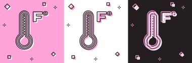 Meteoroloji termometresini ayarlayın. Isı ve soğuk ikonu, pembe beyaz ve siyah arkaplanda izole edildi. Sıcaklık Fahrenhayt. Vektör İllüstrasyonu