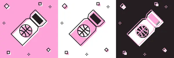Definir ícone de bilhete de jogo de basquete isolado em rosa e branco, fundo preto. Ilustração vetorial — Vetor de Stock