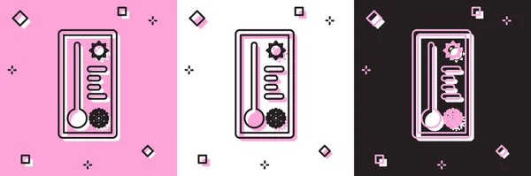 Set Meteorology thermometer measuring heat and cold icon isolated on pink and white, black background. Thermometer equipment showing hot or cold weather. Vector Illustration — ストックベクタ