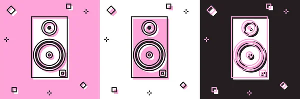 Stereo luidspreker pictogram geïsoleerd op roze en witte, zwarte achtergrond. Geluidssysteemluidsprekers. Muziek icoon. Muzikale kolom luidspreker bas apparatuur. Vector Illustratie — Stockvector