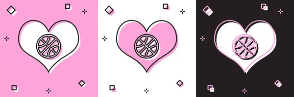 Set Cuore con pallone da basket all'interno icona isolata su sfondo rosa e bianco, nero. Amore per il basket. Illustrazione vettoriale — Vettoriale Stock