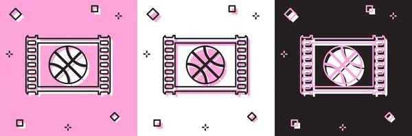 Set Juego de baloncesto icono de vídeo aislado en rosa y blanco, fondo negro. Ilustración vectorial — Archivo Imágenes Vectoriales