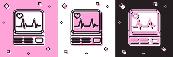 Set Computer monitor with cardiogram icon isolated on pink and white, black background. Monitoring icon. ECG monitor with heart beat hand drawn. Vector Illustration — Stock Vector