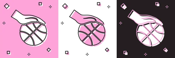 设置手与篮球图标隔离在粉红和白，黑色背景。 体育的象征。 病媒图解 — 图库矢量图片