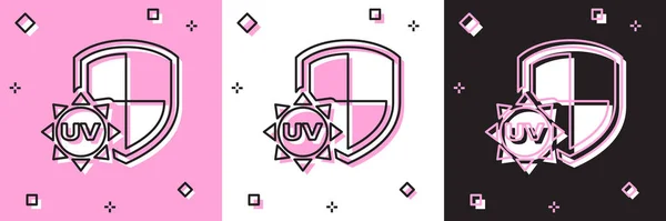 Stel Uv bescherming pictogram geïsoleerd op roze en wit, zwarte achtergrond. Zon en schild. Ultraviolette straling. Spf zonneteken. Vector Illustratie — Stockvector