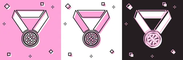 Ensemble Médaille de basketball avec icône de ruban isolé sur fond rose et blanc, noir. Illustration vectorielle — Image vectorielle