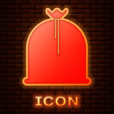 Parlayan neon rengi korsan çuval ikonu tuğla duvar arkasında izole edilmiş. Vektör İllüstrasyonu